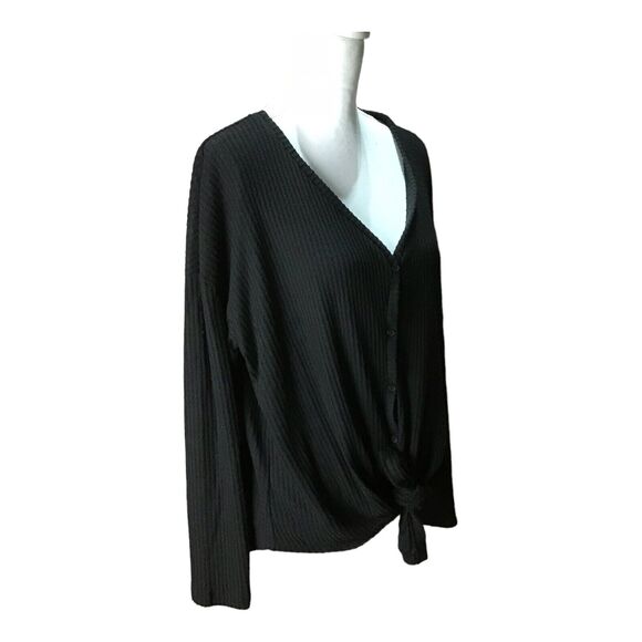 Gibson Women’s Small Black Thermal Waffle Knit V-Neck Button Tie Front Top - Picture 11 of 16